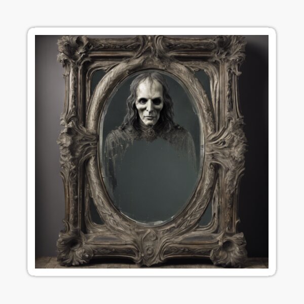 Haunted Gothic Mirror with Ghostly Reflection - Spooky Halloween Art Print Sticker
