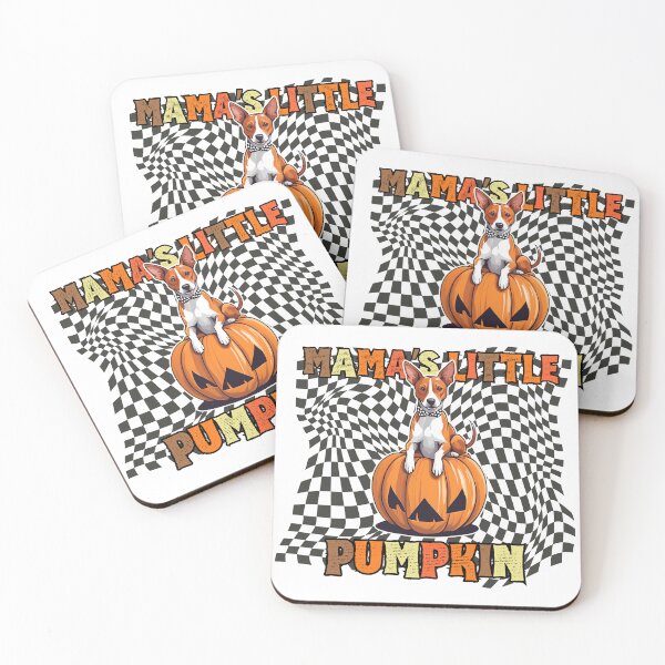 Item preview, "Mama's Little Pumpkin" - Basenji in Halloween Pumpkin with Checkered Background designed and sold by GoodyPaws.