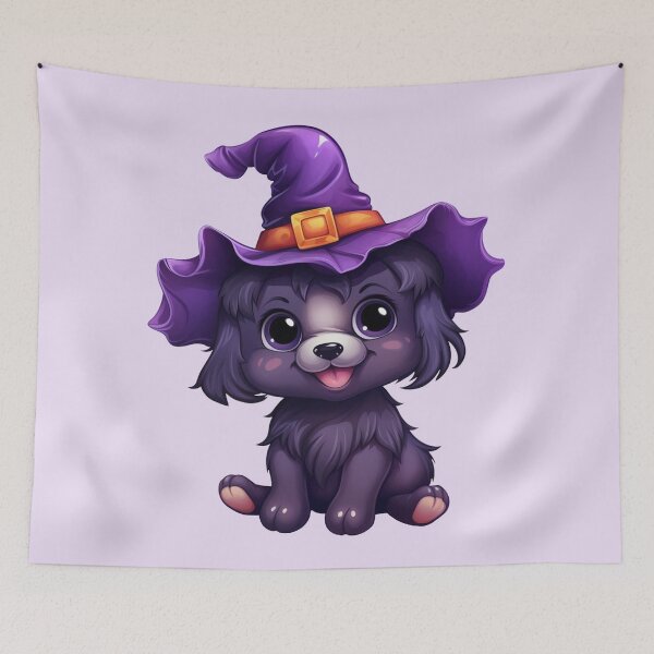 Item preview, Kawaii Halloween White Dog in Purple Witch Hat designed and sold by KawaiiArtStyle.
