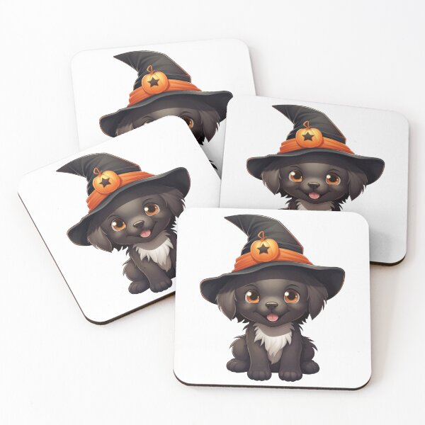 Item preview, Kawaii Halloween Black Dog in Black and Orange Witch Hat designed and sold by KawaiiArtStyle.