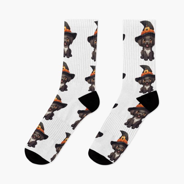Item preview, Kawaii Halloween Black Dog in Black and Orange Witch Hat designed and sold by KawaiiArtStyle.