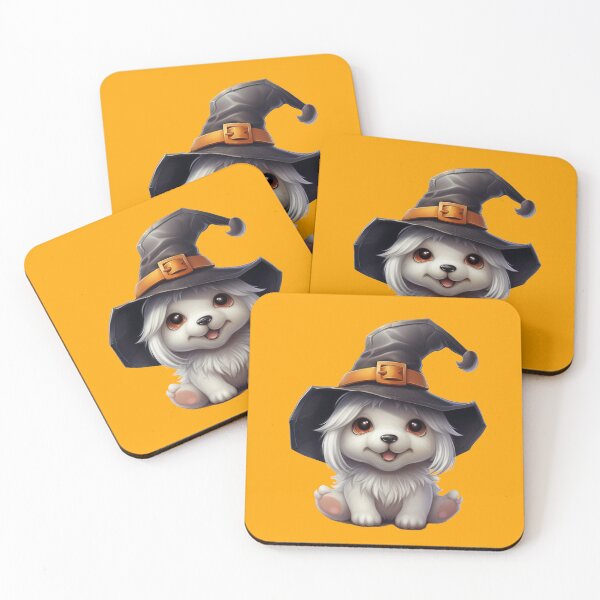 Item preview, Kawaii Halloween Wizard White Dog in Black Witch Hat designed and sold by KawaiiArtStyle.