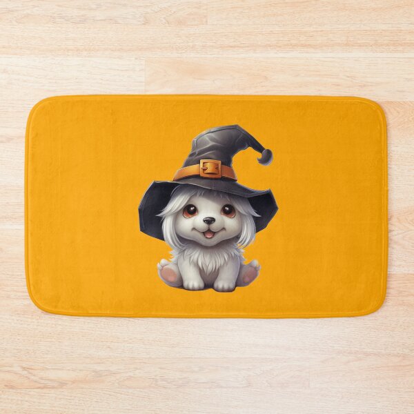 Item preview, Kawaii Halloween Wizard White Dog in Black Witch Hat designed and sold by KawaiiArtStyle.