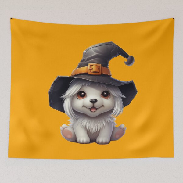 Item preview, Kawaii Halloween Wizard White Dog in Black Witch Hat designed and sold by KawaiiArtStyle.