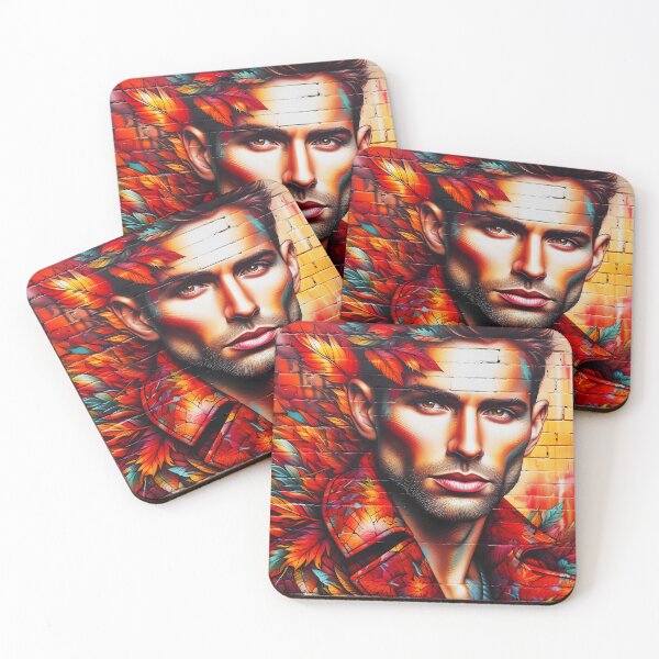 Item preview, Autumn man face portrait fall leaves montage on brick wall graffiti style designed and sold by EmeraldeaDesign.
