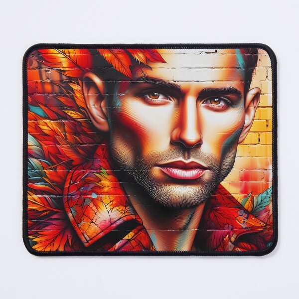 Item preview, Autumn man face portrait fall leaves montage on brick wall graffiti style designed and sold by EmeraldeaDesign.