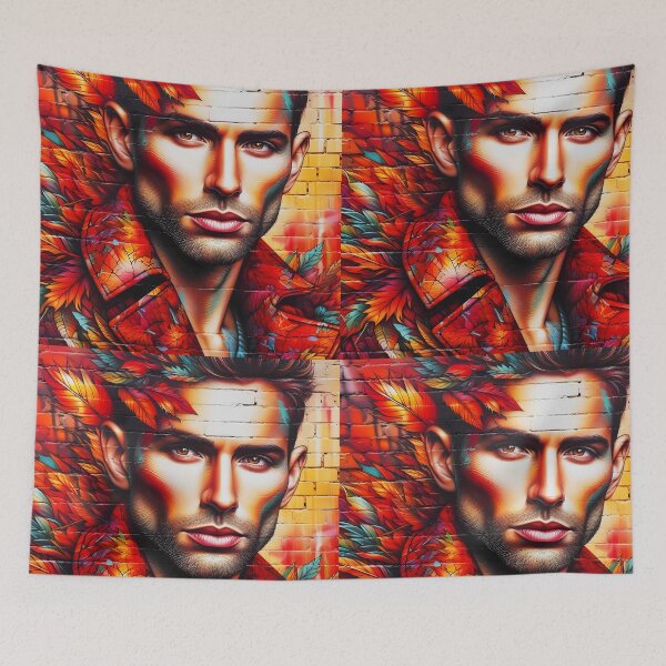 Item preview, Autumn man face portrait fall leaves montage on brick wall graffiti style designed and sold by EmeraldeaDesign.