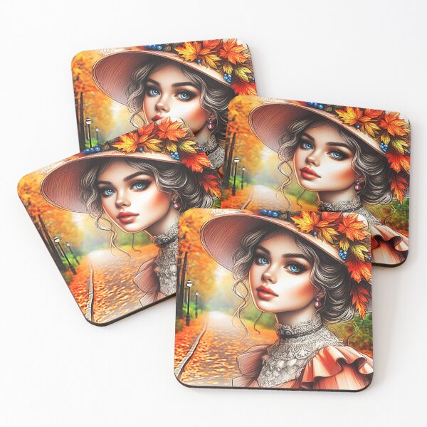 Item preview, Vintage Lady in hat decorated with autumn leaves on a forest path illustration designed and sold by EmeraldeaDesign.