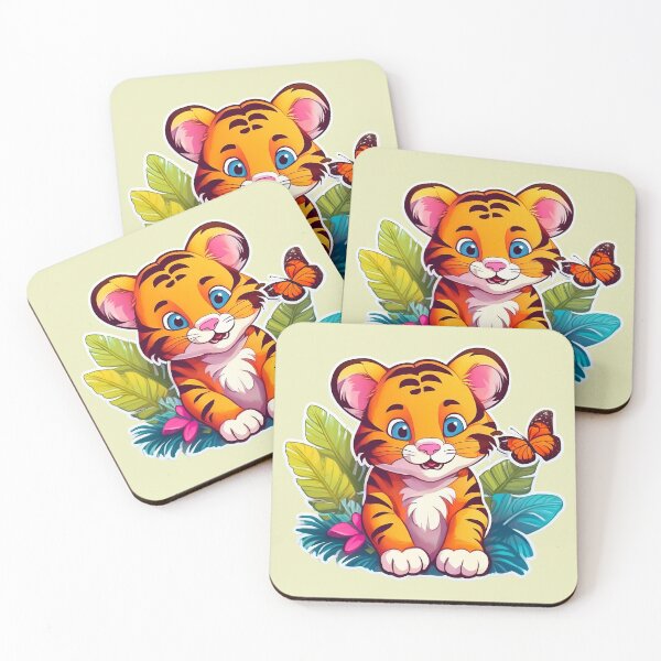 Item preview, A cute, cartoon tiger cub surrounded by tropical plants and a butterfly. designed and sold by HEMRO.