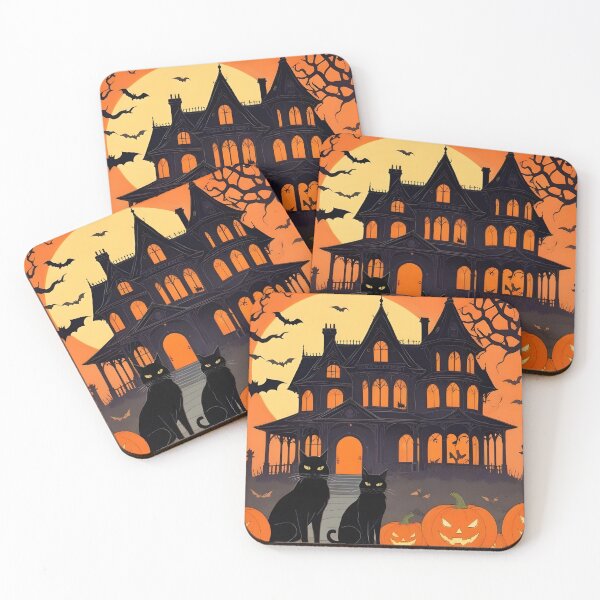 Item preview, VINTAGE OLD SCHOOL SPOOKY HALLOWEEN MANSION PUMPKINS CATS designed and sold by Arts4U.
