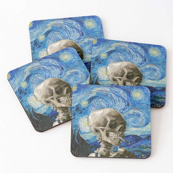 Item preview, Skeleton Smoking On a Starry Night Vincent Van Gogh Classic Black Tee designed and sold by GeekySexyCool.