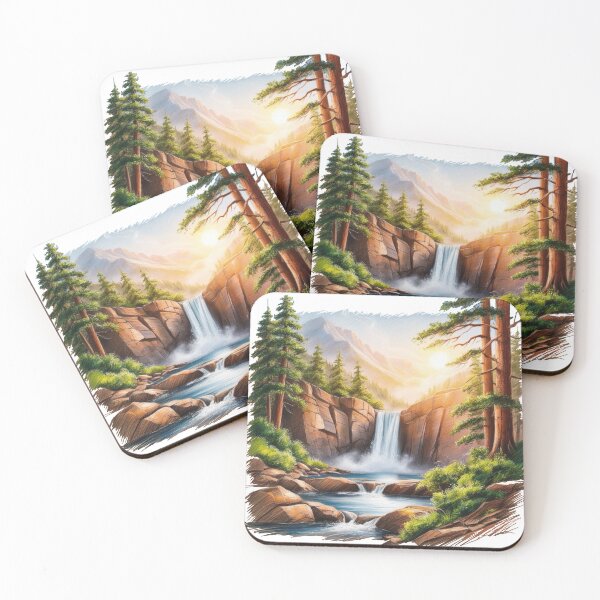 Item preview, A beautiful mountain scene with a waterfall and a sun shining on the water designed and sold by PWDigitalArt.