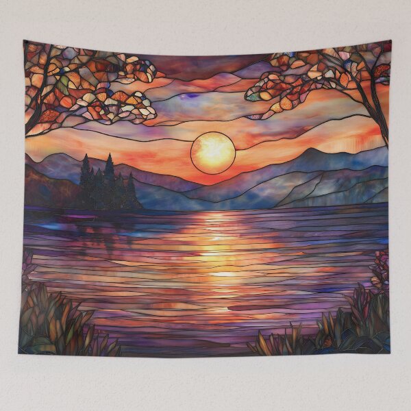 Item preview, Stained Glass of Sunset over Lake designed and sold by Cozirlax.