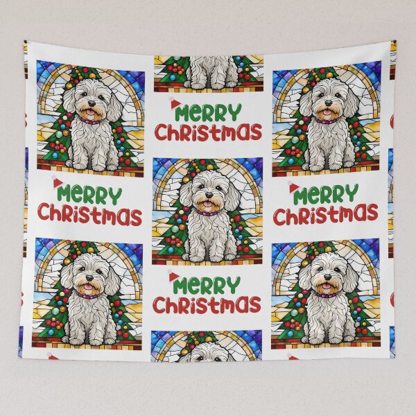 Artikelvorschau, Frohe Weihnachten Weiß Maltipoo Buntglas Urlaub Design entworfen und verkauft von Fredster1966.