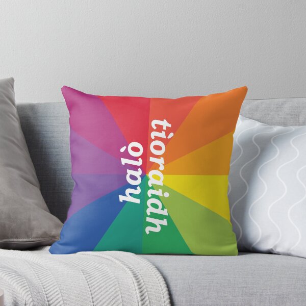 Item preview, halò / tìoraidh (hello /cherrio in Scottish Gaelic) with rainbow brust background designed and sold by Mamaidh Made.