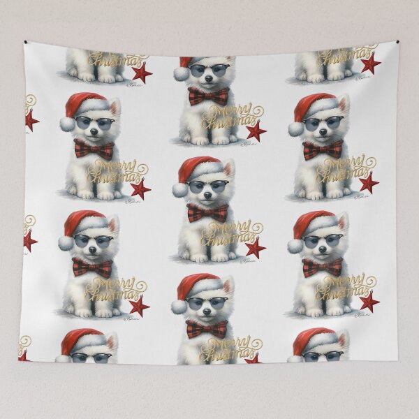 Item preview, Cool Hip White Furry Puppy Dog Wearing Glasses & Santa Hat at Christmas  designed and sold by Yogibear & Rachelle .