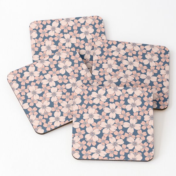 Item preview, Hand-drawn stylised florals in in pale and coral pinks on a dark blue background designed and sold by SCdesignqld.