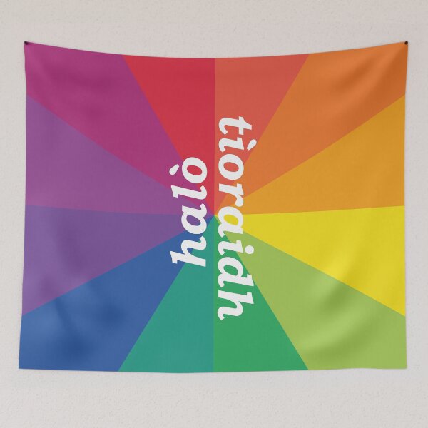 Item preview, halò / tìoraidh (hello /cherrio in Scottish Gaelic) with rainbow brust background designed and sold by Mamaidh Made.