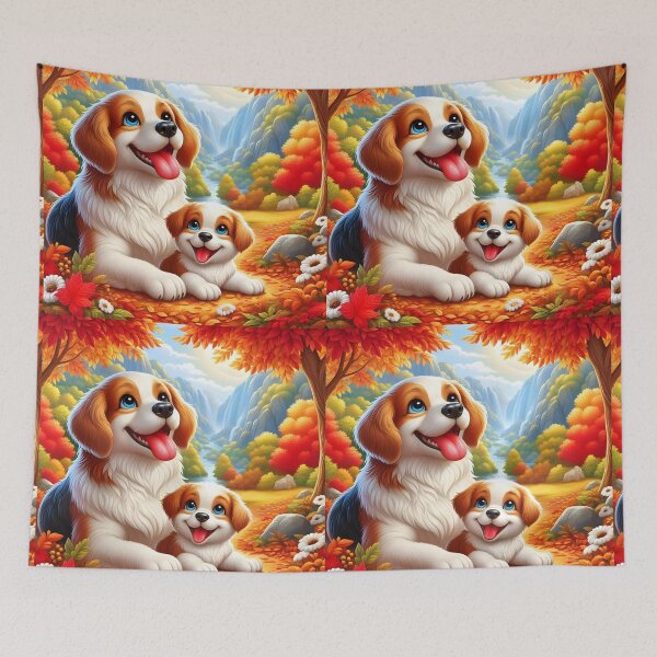 Item preview, Dog Mom with her puppy in autumn forest with valley and some white flowers cartoon designed and sold by EmeraldeaArt.