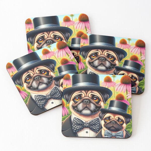 Item preview, Stylish Pup Duo: Bowties and Blooms - pug father and pug puppy designed and sold by EmeraldeaArt.