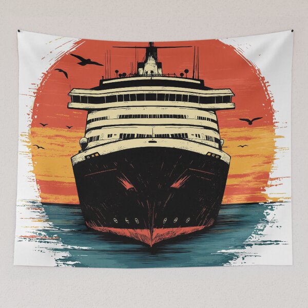 Artikelvorschau, Kreuzfahrtschiff im Vintage-Sonnenuntergang entworfen und verkauft von Reklama Studio.