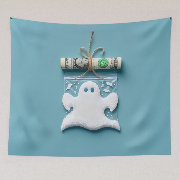 Item preview, Funny Halloween Drug Baggie Ghost with rolled Straw and Glass Mirror, Trick or Treating  designed and sold by SomniferumWars.