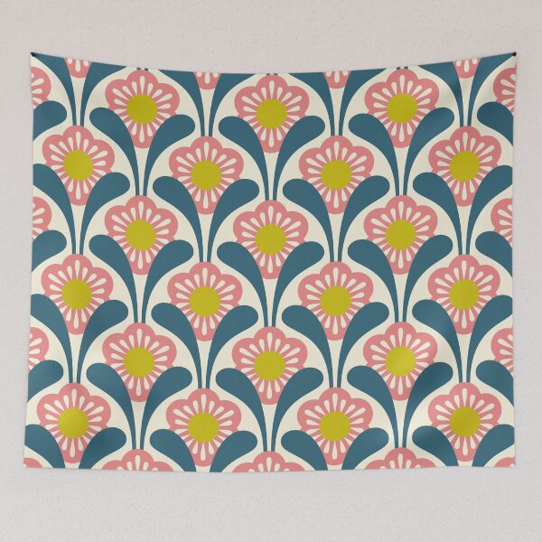 Item preview, KF 0311 D - Vintage Retro Daisy 70s Floral Pattern in Teal Pink Green designed and sold by KhakiFinch.
