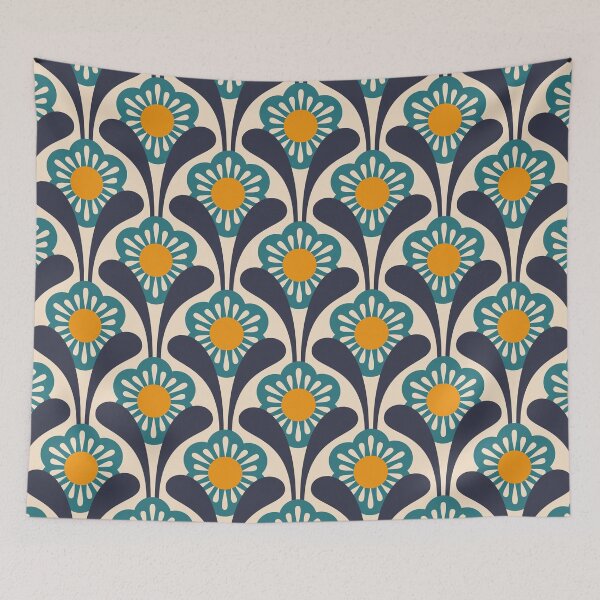 Item preview, KF 0311 B - Vintage Retro Daisy 70s Floral Pattern in Green Orange Navy designed and sold by KhakiFinch.