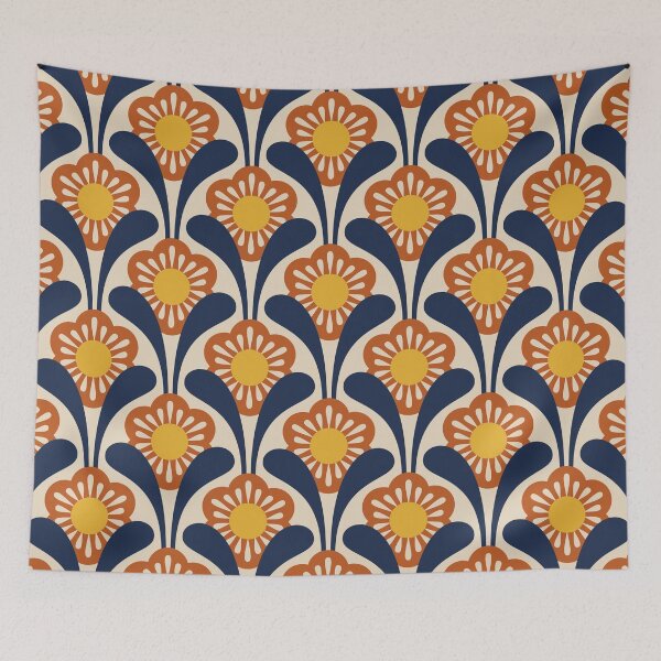 Item preview, KF 0311 A - Vintage Retro Daisy 70s Floral Pattern in Red Yellow Navy designed and sold by KhakiFinch.