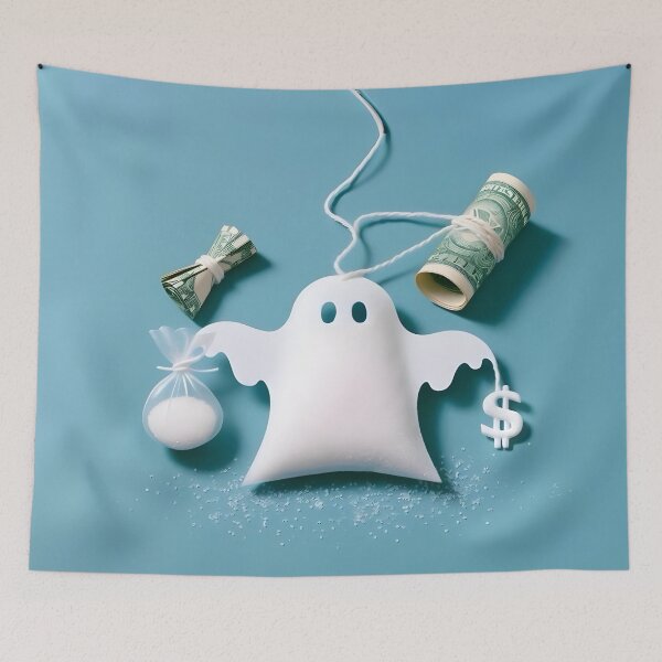 Item preview, Funny Halloween Drug Baggie Ghost with rolled Straw and Glass Mirror, Trick or Treating designed and sold by SomniferumWars.