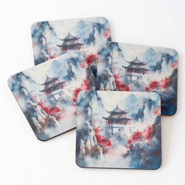 Item preview, Traditional Chinese Temple in Mountains – Watercolor Landscape Art designed and sold by solynneart.