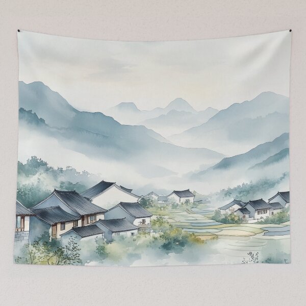 Item preview, Chinese Mountain Village – Watercolor Landscape Art designed and sold by solynneart.