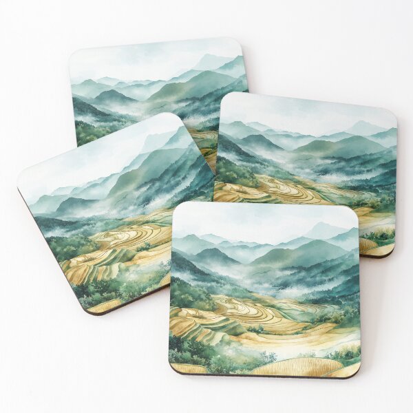 Item preview, Chinese Rice Paddies in Mountain Valley – Watercolor Landscape Art designed and sold by solynneart.