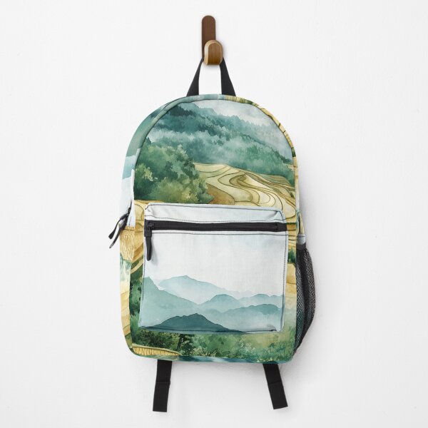 Item preview, Chinese Rice Paddies in Mountain Valley – Watercolor Landscape Art designed and sold by solynneart.
