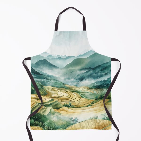 Item preview, Chinese Rice Paddies in Mountain Valley – Watercolor Landscape Art designed and sold by solynneart.