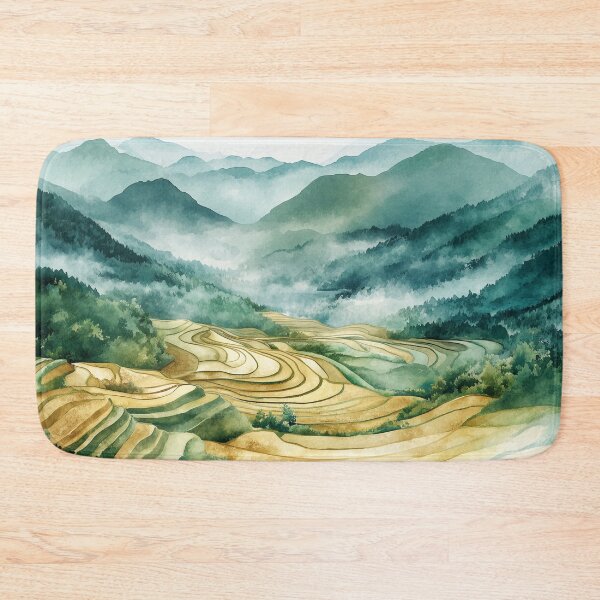 Item preview, Chinese Rice Paddies in Mountain Valley – Watercolor Landscape Art designed and sold by solynneart.