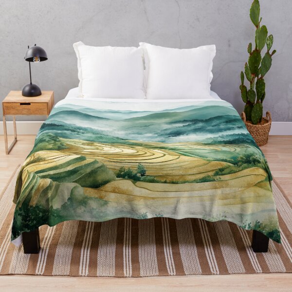 Item preview, Chinese Rice Paddies in Mountain Valley – Watercolor Landscape Art designed and sold by solynneart.