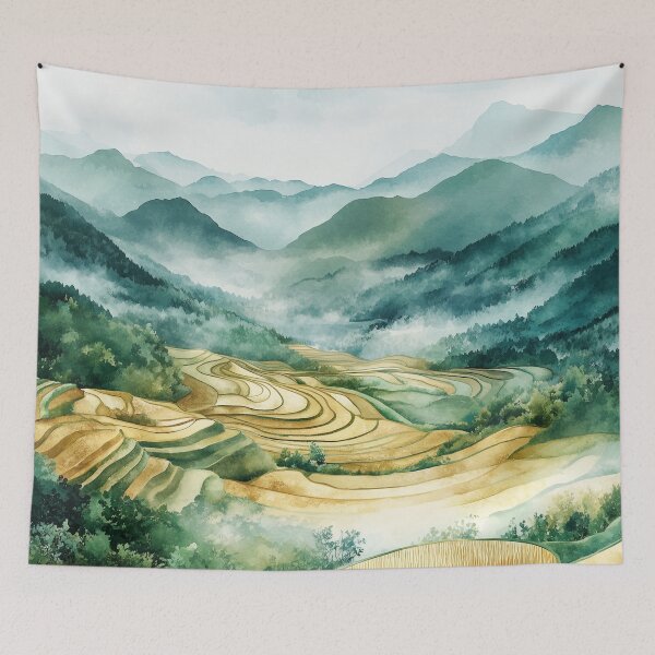 Item preview, Chinese Rice Paddies in Mountain Valley – Watercolor Landscape Art designed and sold by solynneart.