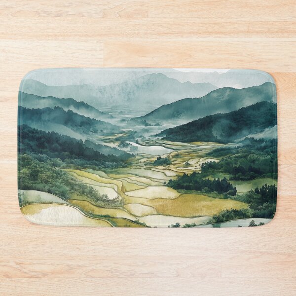 Item preview, Rice Paddies in Misty Chinese Valley – Watercolor Landscape Art designed and sold by solynneart.
