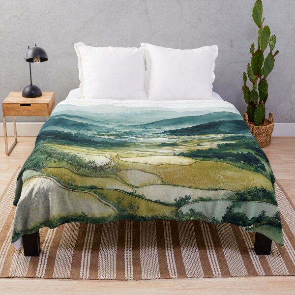 Item preview, Rice Paddies in Misty Chinese Valley – Watercolor Landscape Art designed and sold by solynneart.