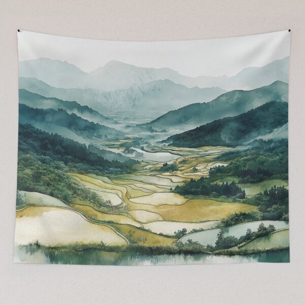 Item preview, Rice Paddies in Misty Chinese Valley – Watercolor Landscape Art designed and sold by solynneart.