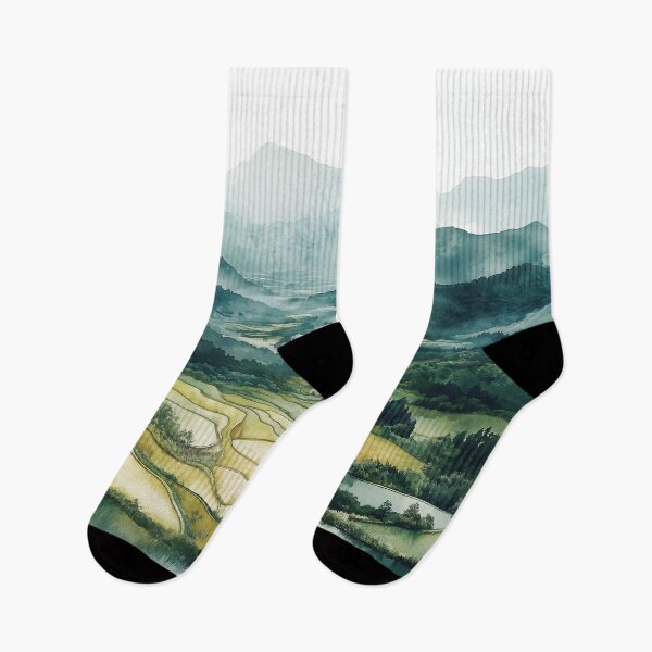 Item preview, Rice Paddies in Misty Chinese Valley – Watercolor Landscape Art designed and sold by solynneart.