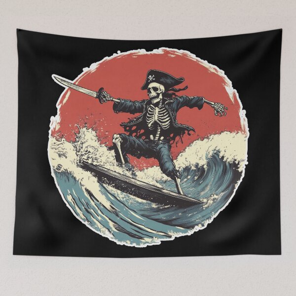 Item preview, Pirate skeleton surfing a wave with his sword designed and sold by Reklama Studio.