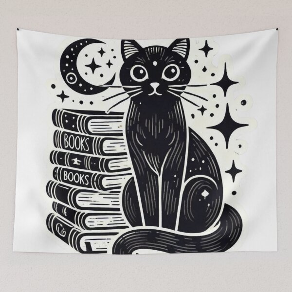 Item preview, Spooky Season Black Cat Book stack, crescent moon,  designed and sold by JediKittenWars.