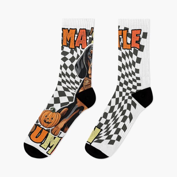 Item preview, "Mama's Little Pumpkin" - Black and Tan Coonhound in Halloween Pumpkin with Checkered Background designed and sold by GoodyPaws.