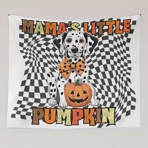 Item preview, "Mama's Little Pumpkin" - Dalmatian in Halloween Pumpkin with Checkered Background designed and sold by GoodyPaws.