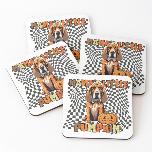 Artikelvorschau, "Mamas kleiner Kürbis" - Bluthund im Halloween-Kürbis mit kariertem Hintergrund entworfen und verkauft von GoodyPaws.