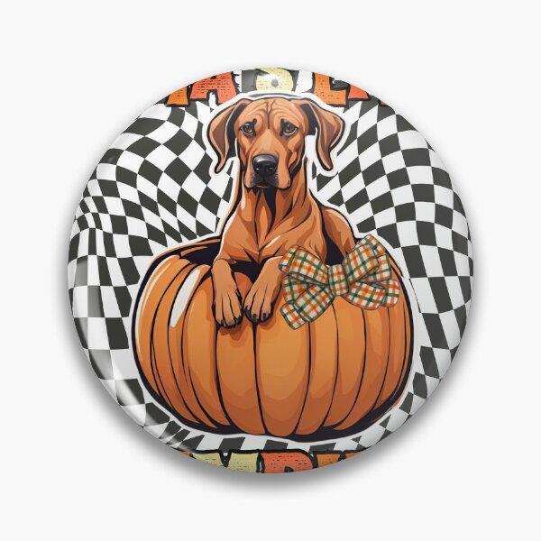 Item preview, "Mama's Little Pumpkin" - Rhodesian Ridgeback in Halloween Pumpkin with Checkered Background designed and sold by GoodyPaws.