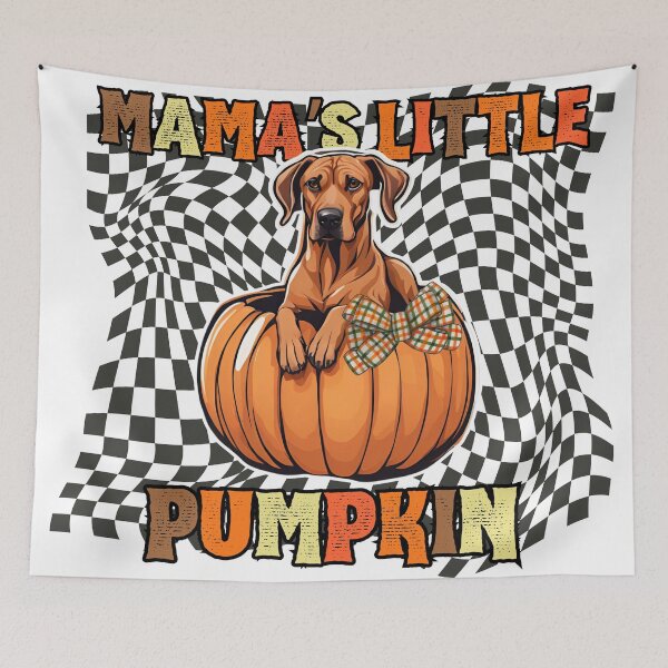 Item preview, "Mama's Little Pumpkin" - Rhodesian Ridgeback in Halloween Pumpkin with Checkered Background designed and sold by GoodyPaws.