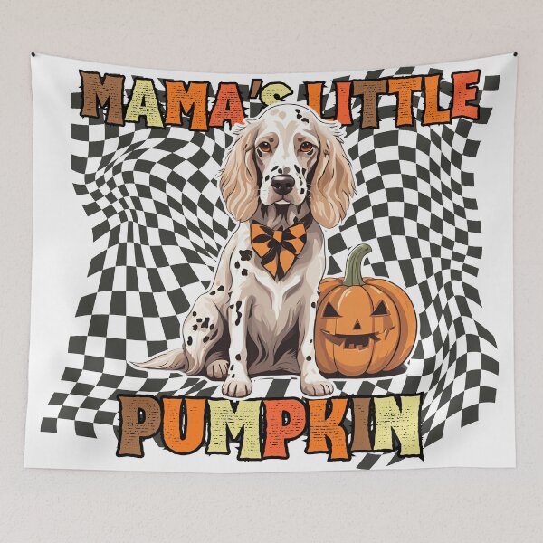 Artikelvorschau, "Mama's Little Pumpkin" - English Setter im Halloween-Kürbis mit kariertem Hintergrund entworfen und verkauft von GoodyPaws.